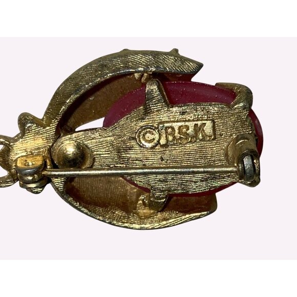 Gold Tone Bug with Pink Stone Body And Faux Pearl Heads Signed RSK - Picture 3 of 4